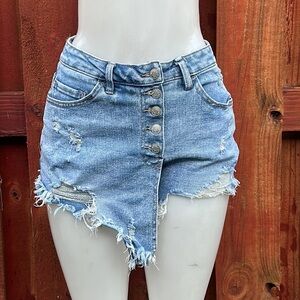 Madden NYC Distressed Asymmetrical Hem Denim Skort Button Fly Blue Size 7